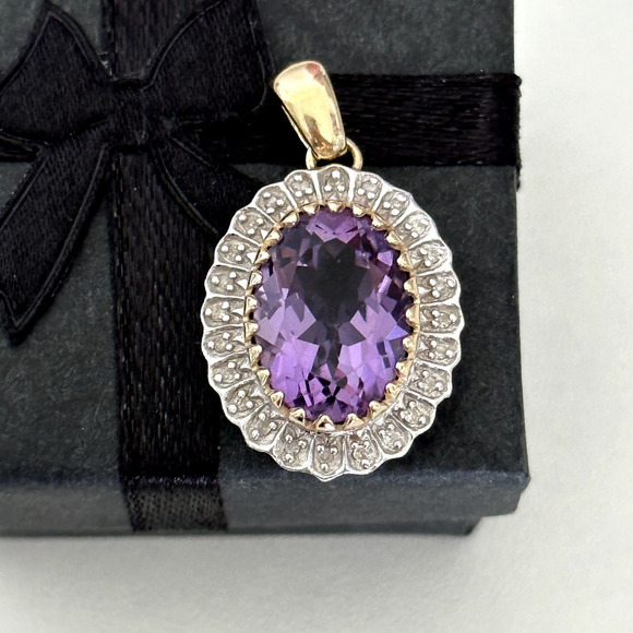 14K Solid Yellow Gold & White Gold Two Tone Amethyst Diamond Halo Oval Pendant - Picture 1 of 11